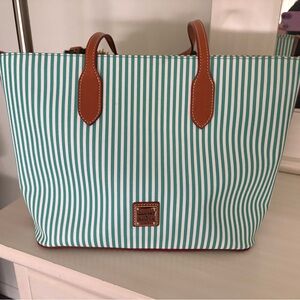 Dooney & Bourke Seaview Teal and White (Sea foam) Striped Tote with Brown Trim
